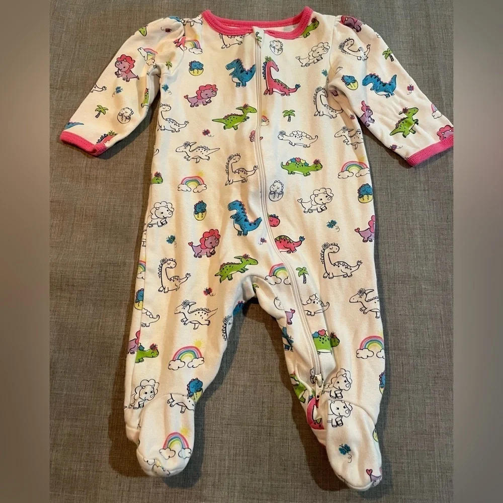 Long sleeve 2-way zip sleeper with dinosaurs and rainbows